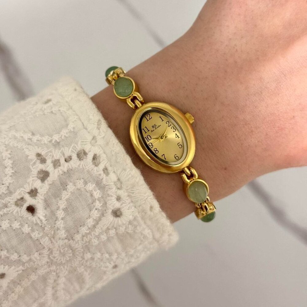 Sku0446 Retro Gold Green Gemstones Women Casual Oval Bracelet Watch + gift bag